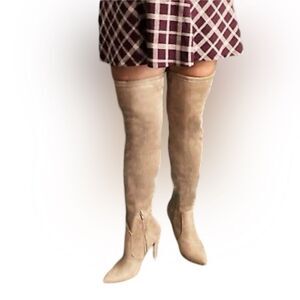 Express "TISSU" Ultra High Heel Boots Tan Over The Knee Women's Stretch Size 9